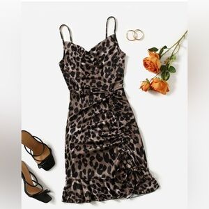 Leopard print drawstring front cami mini dress